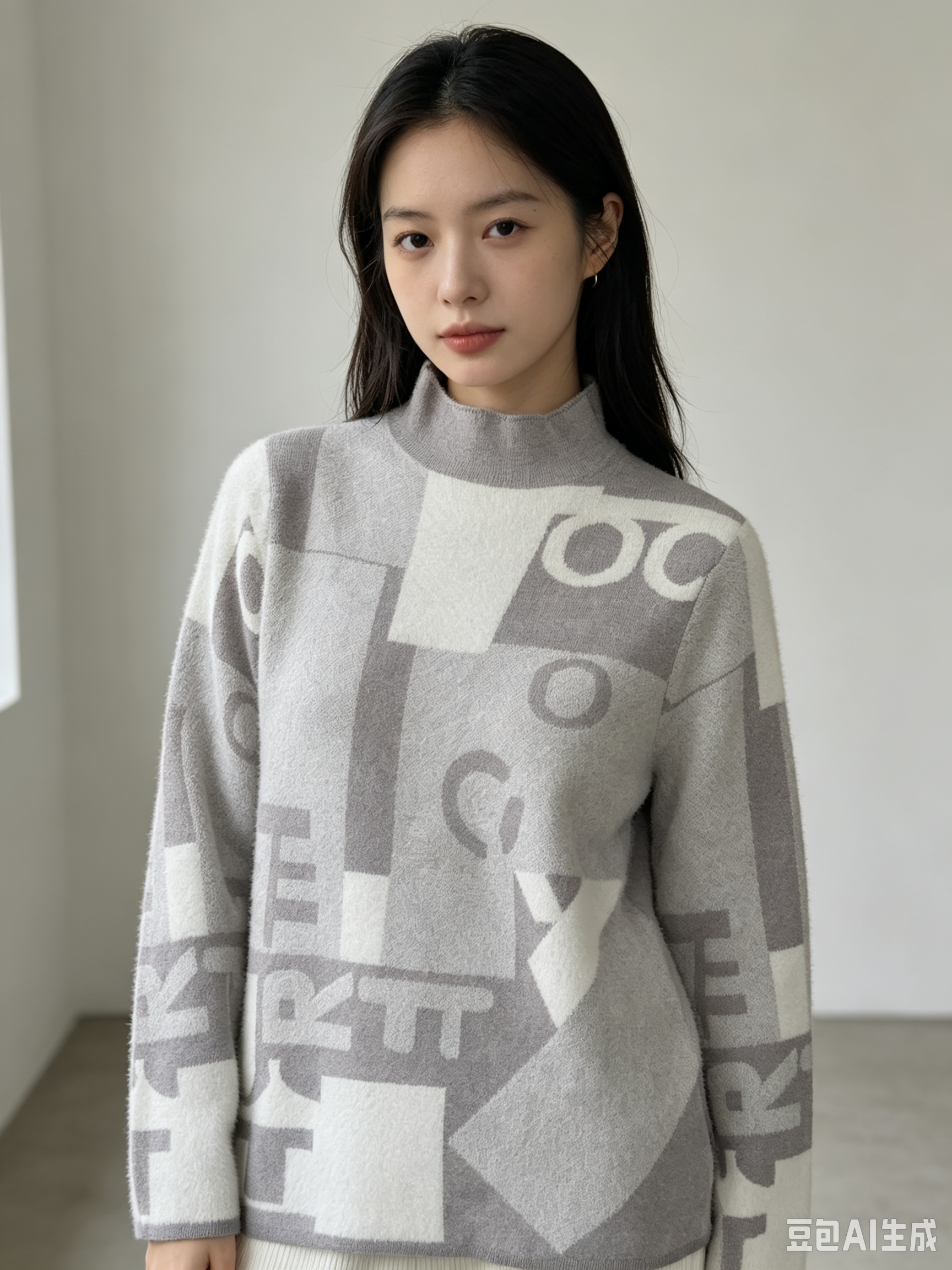 Alphabet Pattern Half-Neck Knit Sweater