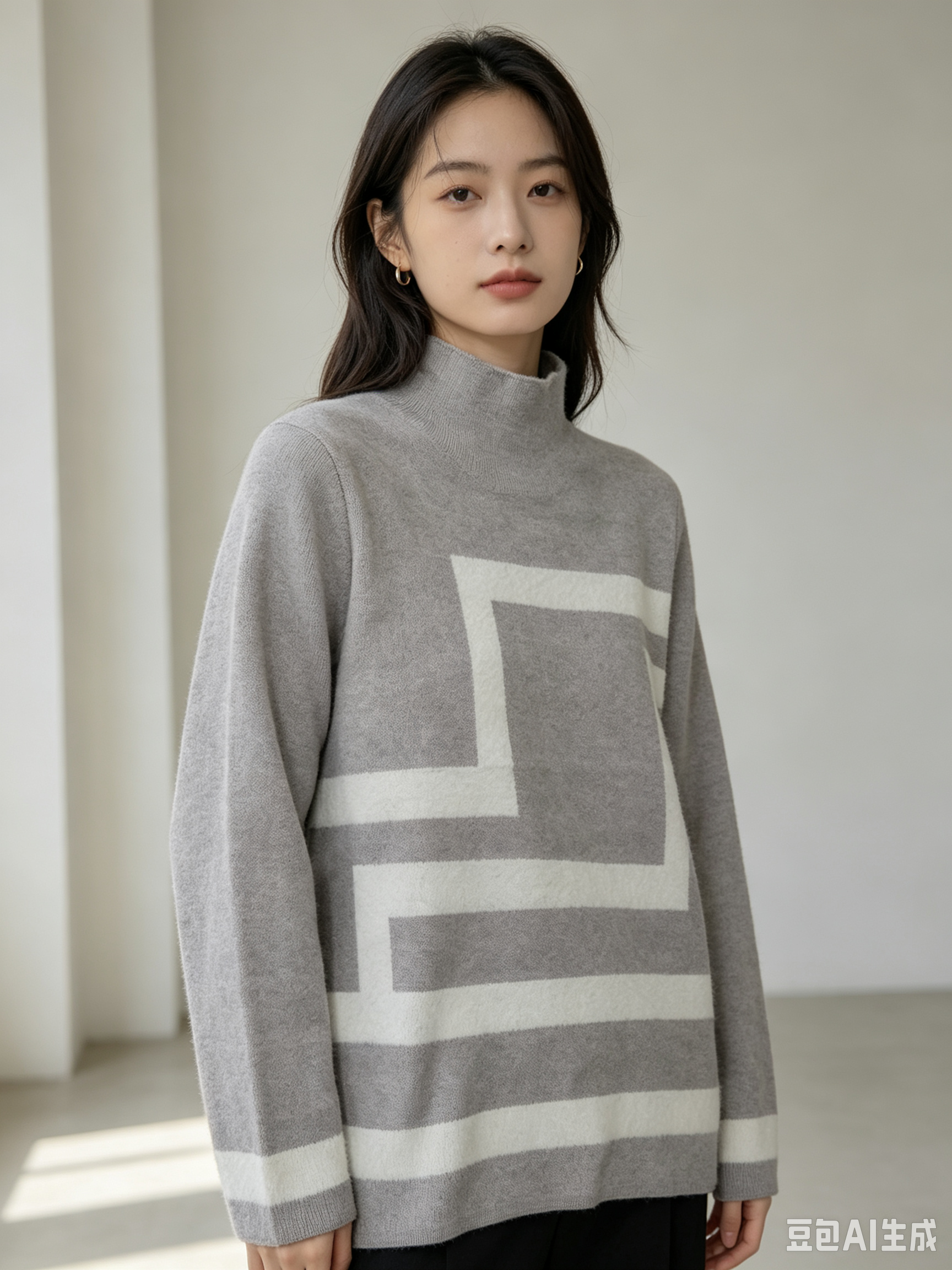 Geometric Stripe Pattern Half-Neck Knit Sweater