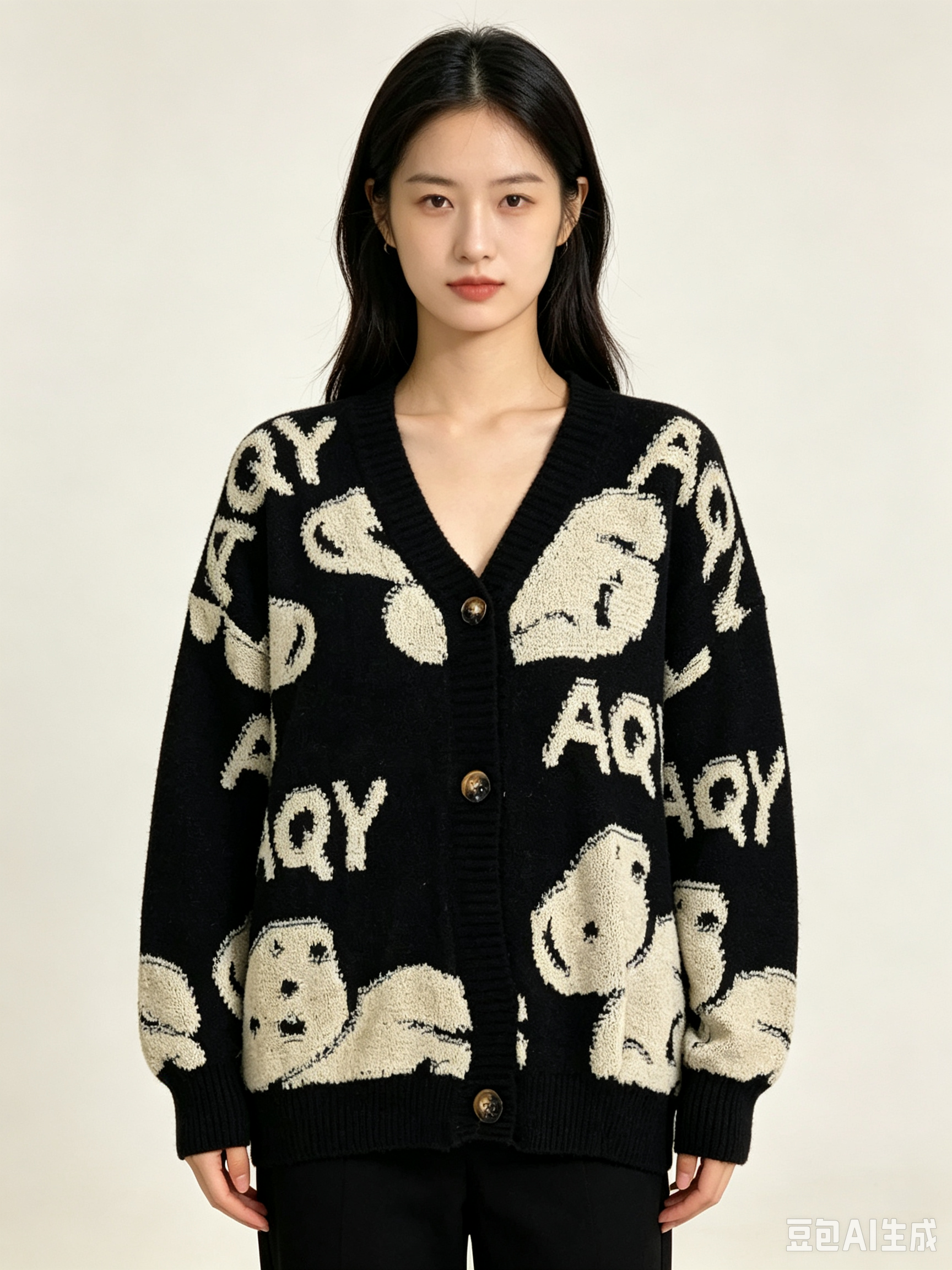 Bear Print Front-Open Knit Cardigan
